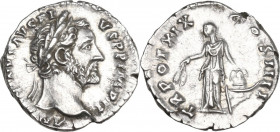 Antoninus Pius (138-161). AR Denarius, 155-156 AD. Obv. AN[TONI]NVS AVG PIVS P P IMP II. Laureate head right. Rev. TR POT XIX COS IIII. Annona standin...