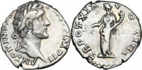 Antoninus Pius (138-161). AR Denarius, 155-156. Obv. ANTONINVS AVG PIVS P P IMP II. Laureate head right. Rev. TR POT XIX COS IIII. Pax standing left, ...