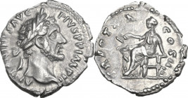 Antoninus Pius (138-161). AR Denarius, 156-157 AD. Obv. ANTONINVS AVG PIVS PP IMP II. Laureate head right. Rev. TR POT XX COS IIII. Salus seated left,...