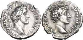 Antoninus Pius (138-161) and Marcus Aurelius Caesar. AR Denarius, Rome mint, 141-143 AD. Obv. ANTONINVS AVG PI-VS P P TR P COS III. Laureate head of A...