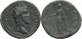 Antoninus Pius (138-161). AE Sestertius, 140-144 AD. Obv. ANTONINVS AVG PIVS PP TR P COS III. Laureate head right. Rev. MONETA AVG SC. Moneta standing...