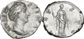 Diva Faustina I (after 141 AD). AR Denarius, 141 AD. Obv. DIVA FAVSTINA. Draped bust right, hair coiled on top of head. Rev. AVGVSTA. Ceres, veiled, s...