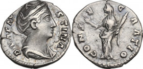 Diva Faustina I (after 141 AD). AR Denarius, 141 AD. Obv. DIVA FAVSTINA. Draped bust right, hair coiled on top of head. Rev. CONSECRATIO. Ceres, veile...