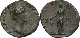 Diva Faustina I (died 141 AD). AE Sestertius, struck under Antoninus Pius, c. 141-146. Obv. DIVA AVSTA FAVSTINA. Veiled and draped bust right. Rev. PI...