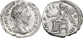 Marcus Aurelius (161-180). AR Denarius, Rome mint, 174-175 AD. Obv. M ANTONINVS AVG TR P XXIX. Laureate head right. Rev. IMP VII COS III. Victory seat...