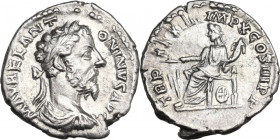 Marcus Aurelius (161-180). AR Denarius, 180 AD. Obv. M AVREL ANTONINVS AVG. Laureate, draped and cuirassed bust right. Rev. TR P XXXIIII IMP X COS III...