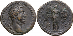 Marcus Aurelius (161-180). AE Sestertius, 166 AD. Obv. M AVREL ANTONINVS AVG ARM PARTH MAX. Laureate bust right. Rev. TR POT XX IMP IIII COS III S C. ...