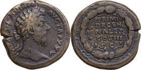 Marcus Aurelius (161-180). AE Sestertius, 170-171 AD. Obv. IMP M ANTONINVS AVG TR P XXV. Laureate head right. Rev. PRIMI/DECEN/NALES/COS III/ SC in fi...