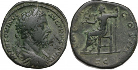 Marcus Aurelius (161-180 AD). AE Sestertius, struck 174 AD. Obv. M ANTONINVS AVG TR P XXVIII. Laureate and cuirassed bust right. Rev. IMP VI COS III S...