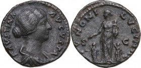 Faustina II, wife of Marcus Aurelius (died 176 AD). AE Dupondius or As,161-175 AD. Obv. FAVSTINA AVGVSTA. Draped bust right. Rev. IVNONI LVCINAE SC. J...