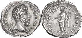 Lucius Verus (161-169). AR Denarius, 166 AD. Obv. L VERVS AVG ARM PARTH MAX. Laureate bust right. Rev. TR P VI IMP IIII COS II. Pax standing left, hol...