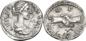 Crispina, wife of Commodus (died 183 AD). AR Denarius, Rome mint. Obv. CRISPINA AVG. Draped bust right. Rev. CONCORDIA. Clasped hands. RIC III (Comm.)...