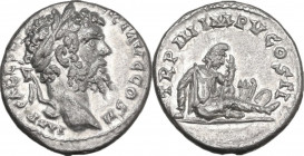 Septimius Severus (193-211). AR Denarius, Emesa mint. Obv. IMP CAE L SEP SEV PERT AVG COS II. Laureate head right. Rev. TRP III IMP V COS II. Captivat...