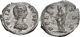 Julia Domna (died 217 AD). AR Denarius, 196-211 AD. Obv. IVLIA AVGVSTA. Draped bust right. Rev. FELICITAS. Felicitas standing left, holding caduceus a...