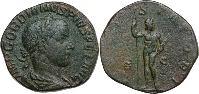 Gordian III (238-244). AE Sestertius. Obv. IMP GORDIANVS PIVS FEL AVG. Laureate,...