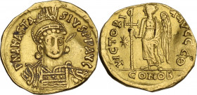 Anastasius I (491-518). AV Solidus. Constantinople mint, 9th officina. Struck 507-518. Obv. DN ANASTASIVS PP AVG. Helmeted, diademed and cuirassed bus...