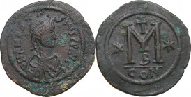 Anastasius I (491-518). AE Follis, Constantinople mint, 512-517 AD. Obv. D N ANASTA-SIVS PP AVG. Diademed and draped bust right. Rev. Large M; cross a...
