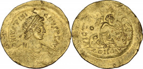 Justinian I (527-565). AV Semissis, Constantinople mint, 527-552 AD. Obv. DN IVSTINI-ANVS PP AVI. Pearl-diademed, draped and cuirassed bust right. Rev...