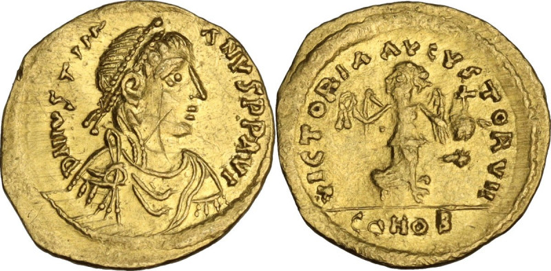 Justinian I (527-565). AV Tremissis, Constantinople mint. Obv. DN IVSTINIANVS PP...