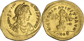 Justinian I (527-565). AV Tremissis, Constantinople mint. Obv. DN IVSTINIANVS PP AVG. Diademed, draped and cuirassed bust right. Rev. VICTORIA AVGVSTO...