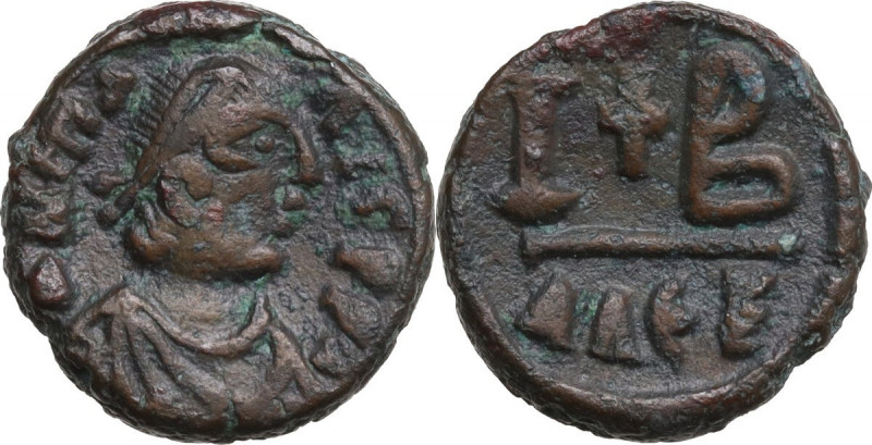 Justinian I (527-565). AE 12 Nummi, Alexandria mint. Obv. Diademed, draped, and ...