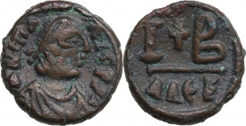 Justinian I (527-565). AE 12 Nummi, Alexandria mint. Obv. Diademed, draped, and cuirassed bust right. Rev. Large IB, cross between; in exergue, AΛEΞ. ...