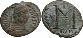 Justinian I (527-565). AE Follis. Rome mint. Struck 538. Obv. DN IVSTINIANVS PP A[VG]. Diademed, draped, and cuirassed bust right. Rev. Large M; cross...
