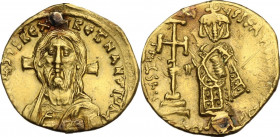 Justinian II (First Reign, 685-695). AV Solidus. Constantinople mint. Struck 692-695 AD. Obv. [IhS CRI]STDS REX REGNANTIYM. Facing bust of Christ Pant...