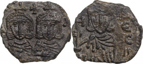 Constantine V Copronymus with Leo IV (751-775). AE Follis. Syracuse mint, 751-775. Obv. Crowned facing busts of Constantine V and Leo IV, each wearing...