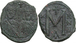 Leo V the Armenian, with Constantine (813-820). AE Follis. Constantinople mint. Obv. Anepigraphic. Crowned facing busts of Leo and Constantine, each w...