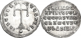 Constantine VII, Porphyrogenitus (913-959) and Romanus I, Lecapenus (920-944). AR Miliaresion, Constantinople mint, 931-944 AD. Obv. IhSЧS XRI-STЧS hI...