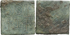 AE 1 Solidus Square Weight, 4th-5th centuries AD. Obv. SOL/+I+. Rev. Blank. Bendall 164. AE. 4.26 g. 15.00 mm. Lovely light green patina. EF.