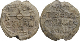 Lead Seal, 8th-9th century. Obv. Cruciform invocative monogram: Θεότοκε βοήθει; in the quarters: τῷ δούλῳ σοῦ. Rev. +A[...]ON/ TIBIΕΠΑΙ[...]/ TOY (lig...
