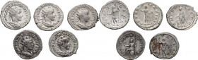 The Roman Empire. Multiple lot of five (5) unclassified AR Antoniniani, of Gordian III and Philip I. AR. VF/Good VF.