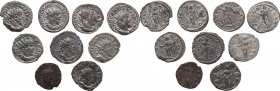 The Roman Empire. Multiple lot of nine (9) unclassified BI Antoniniani, mostly of Postumus. AE. VF/About EF.