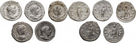 The Roman Empire. Multiple lot of five (5) unclassified AR Antoniniani, of Gordian III, Philip I and Elagabalus. AR. VF/Good VF.