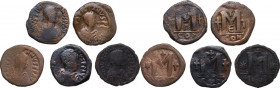 The Byzantine Empire. Multiple lot of five (5) unclassified AE Folles. AE. Deep and reddish brown patinas. About VF: VF.