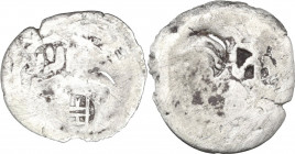 Genoese Colonies. Caffa. AR Golden Horde Asper with genoese door countermark. Lunardi C72. AR. 0.70 g. 17.00 mm. R. Lack of metal. F.