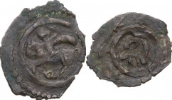 Genoese Colonies. Caffa. AE Follaro with St. George and Tamgha. Lunardi C66. AE. 0.58 g. 14.00 mm. R. VF.