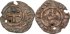 Tripoli. Raymond II (1137-1352). AE 'Agnus Dei type', Second Crusade period, c. 1147-1149. D/ Plain cross, pellet in each quarter. R/ Horse (?) or Agn...