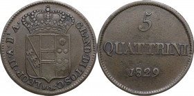 Firenze. Leopoldo II di Lorena (1824-1859). Da 5 quattrini 1829. Sigla N (Giuseppe Niderost, incisore) e monti araldici (Cosimo Ridolfi, zecchiere). C...