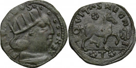 L'Aquila. Ferdinando I d'Aragona (1458-1494). Cavallo. CNI 294/307; D'Andrea-Andreani -; MIR (Italia merid.) 96. AE. 2.18 g. 18.50 mm. R. Patina verde...