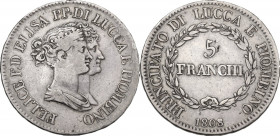 Lucca e Piombino. Elisa Bonaparte e Felice Baciocchi (1805-1814). 5 Franchi 1808. CNI 12/15; MIR (Toscana, zecche) 244/4. AG. 24.58 g. 38.00 mm. qBB.