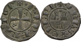Messina. Federico II di Svevia (1197-1250). Denaro, 1225. Sp. 113; Travaini 1993 27; D'Andrea 121. MI. 0.82 g. 18.00 mm. Imbiancatura d'epoca. Tondell...