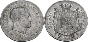 Milano. Napoleone Bonaparte (1805-1814). 2 Lire 1807. CNI 26; MIR (Milano) 481/1; Crippa 29 A. AG. 9.93 g. 28.50 mm. RR. Data con cifre spaziate. Bell...