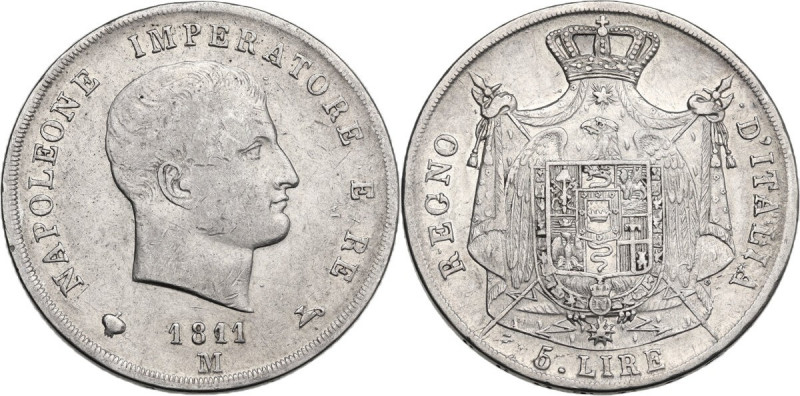 Milano. Napoleone Bonaparte (1805-1814). 5 lire 1811, primo uno ribattuto su 0. ...