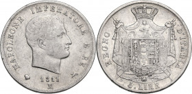 Milano. Napoleone Bonaparte (1805-1814). 5 lire 1811, primo uno ribattuto su 0. CNI 81; Crippa 28/D; MIR (Milano) 490/4. AG. 24.84 g. 37.00 mm. NC. BB...