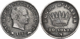 Milano. Napoleone Bonaparte (1805-1814). 10 soldi 1809 M, segno di zecca ribattuta. CNI 60; Crippa 35/B; MIR (Milano) 494/2. AG. 2.46 g. 18.00 mm. R. ...