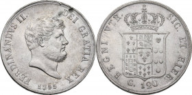 Napoli. Ferdinando II di Borbone (1830-1859). 120 grana o piastra 1855. P/R 84; MIR (Napoli) 503/4. AG. 27.51 g. 37.00 mm. Mancanza di metallo di cono...