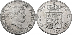 Napoli. Ferdinando II di Borbone (1830-1859). 120 grana o piastra 1856 (6 più alto). P/R 85; MIR (Napoli) 503/5. AG. 27.52 g. 37.00 mm. Patina dorata....